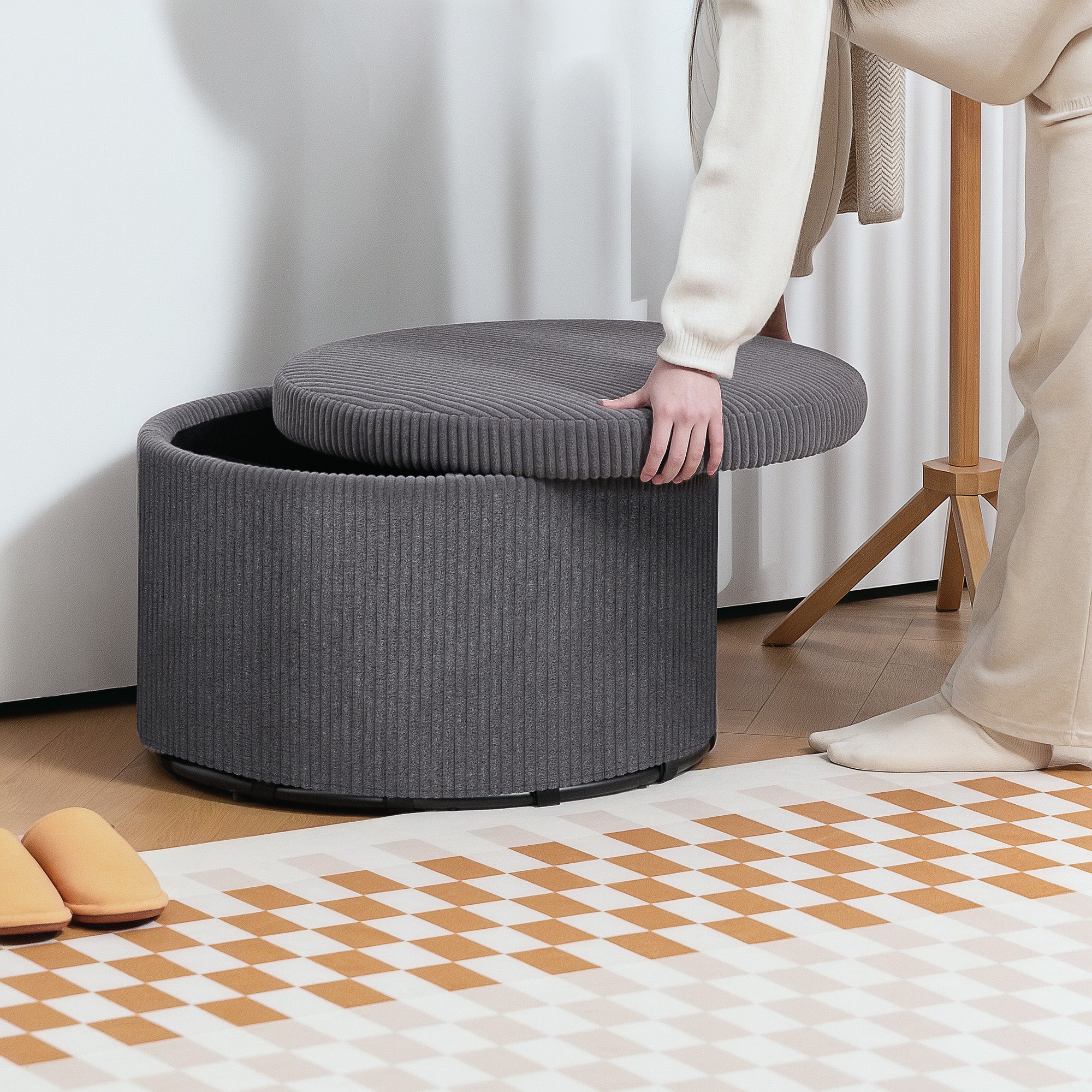 24" Storage Ottoman with Lid, Upholstered Corduroy Foot Rest Stool for Bedroom, Gray - Image 11