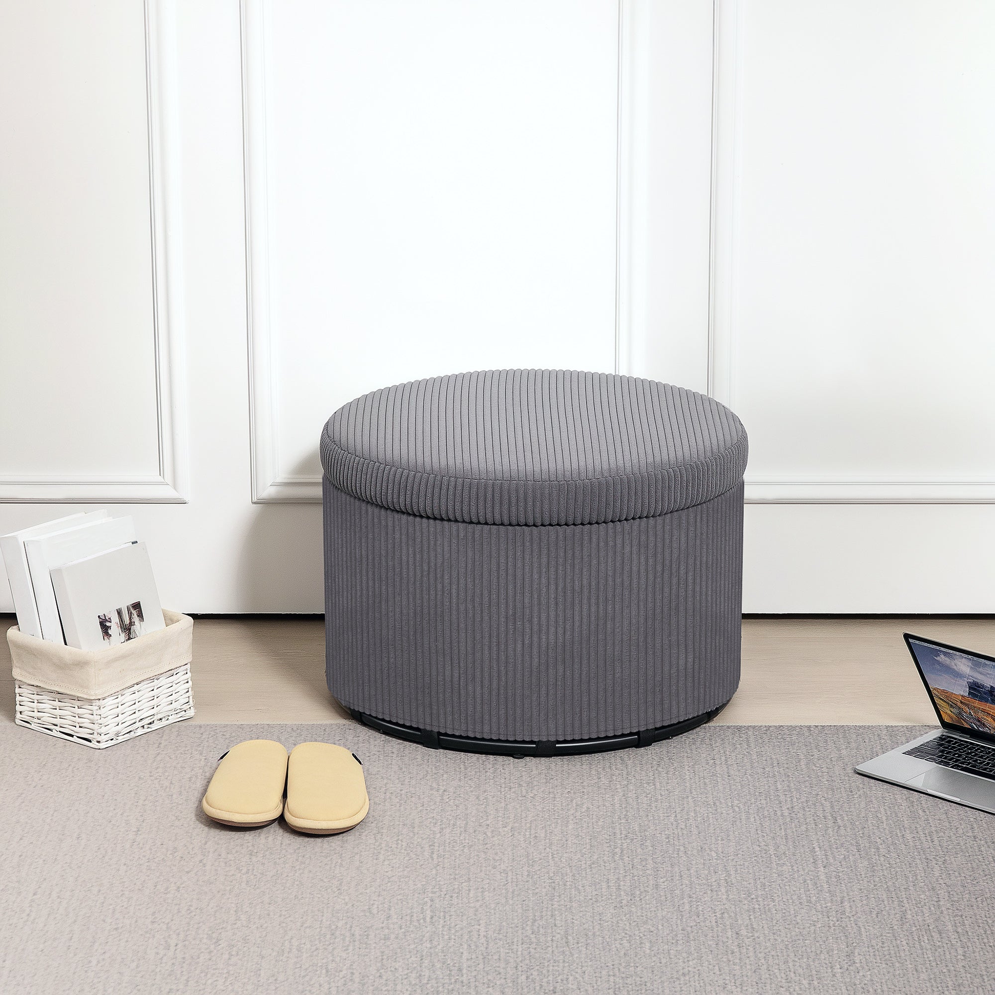 24" Storage Ottoman with Lid, Upholstered Corduroy Foot Rest Stool for Bedroom, Gray - Image 3