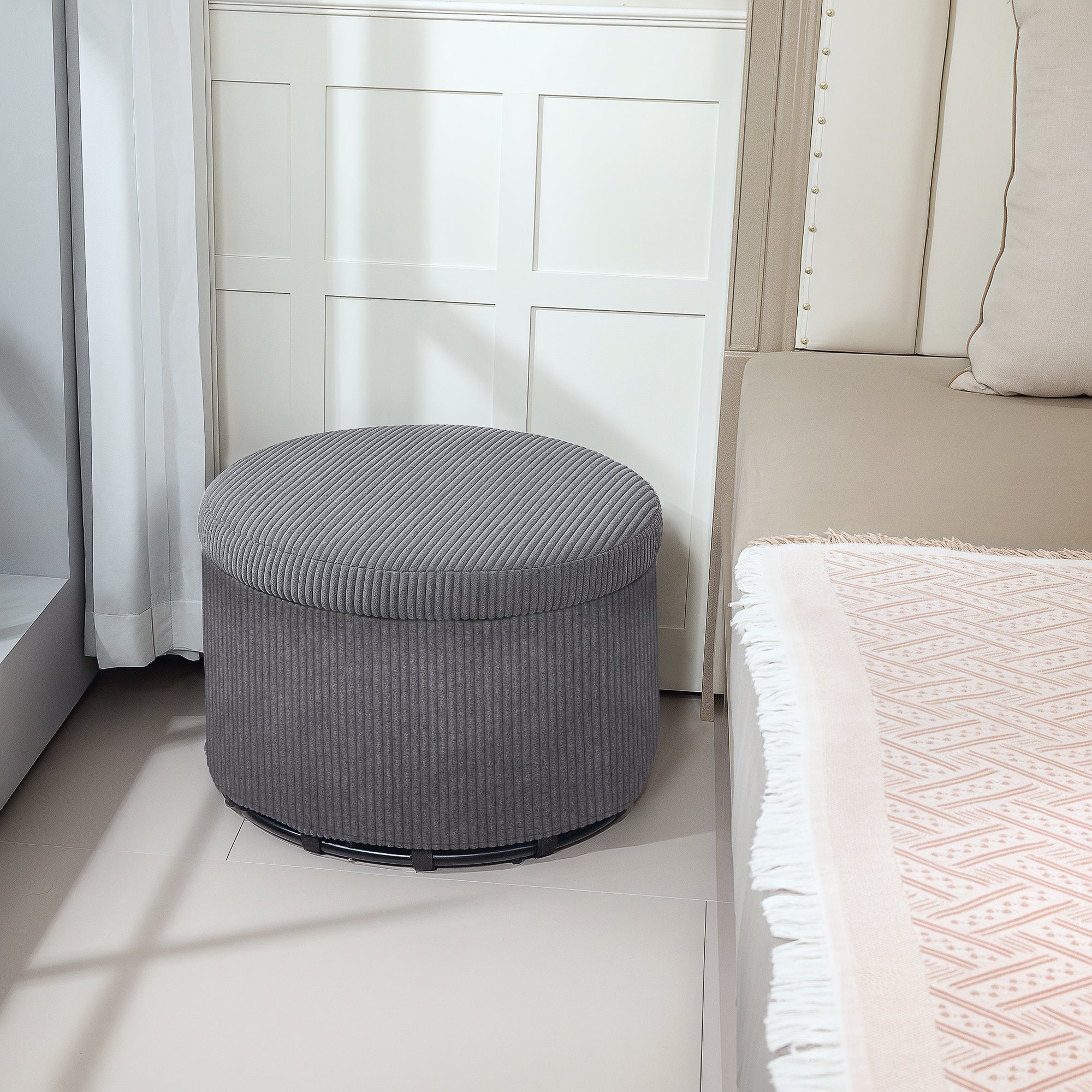 24" Storage Ottoman with Lid, Upholstered Corduroy Foot Rest Stool for Bedroom, Gray - Image 4