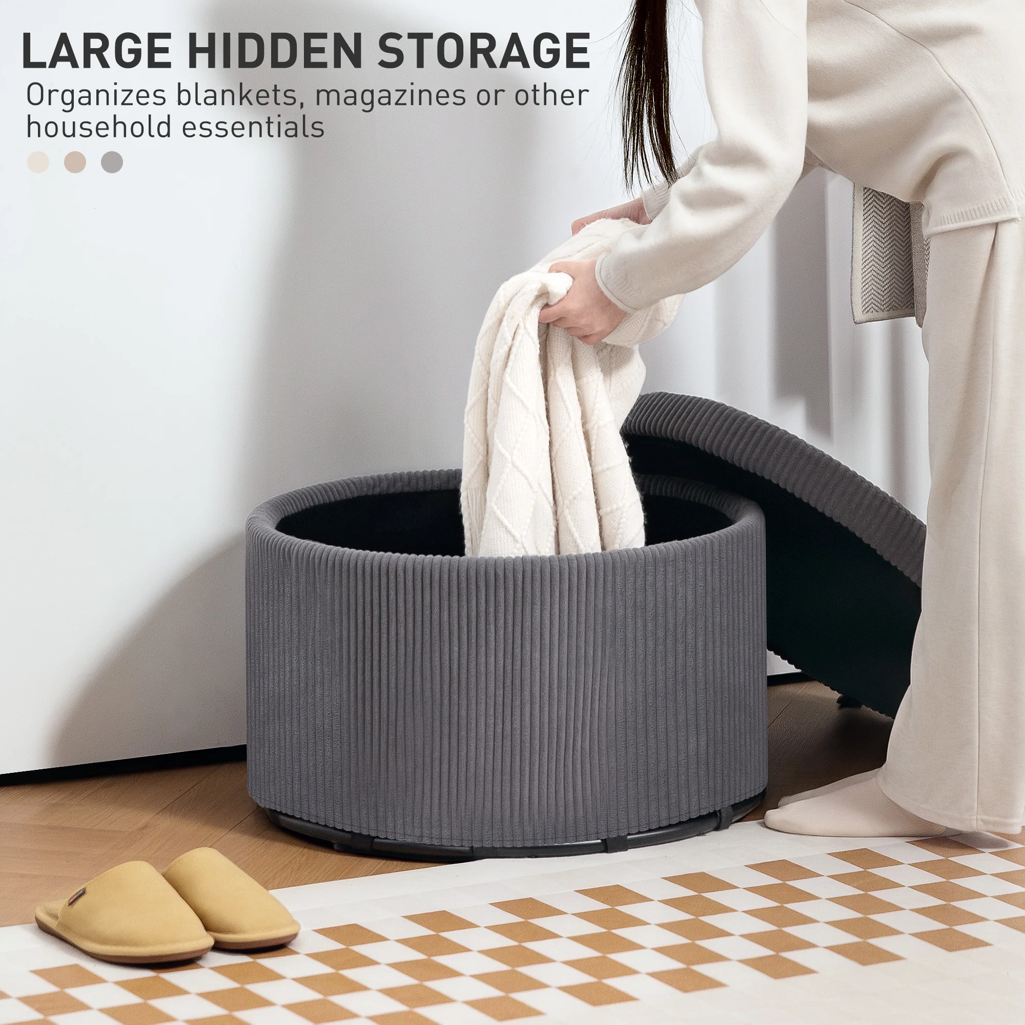24" Storage Ottoman with Lid, Upholstered Corduroy Foot Rest Stool for Bedroom, Gray - Image 6