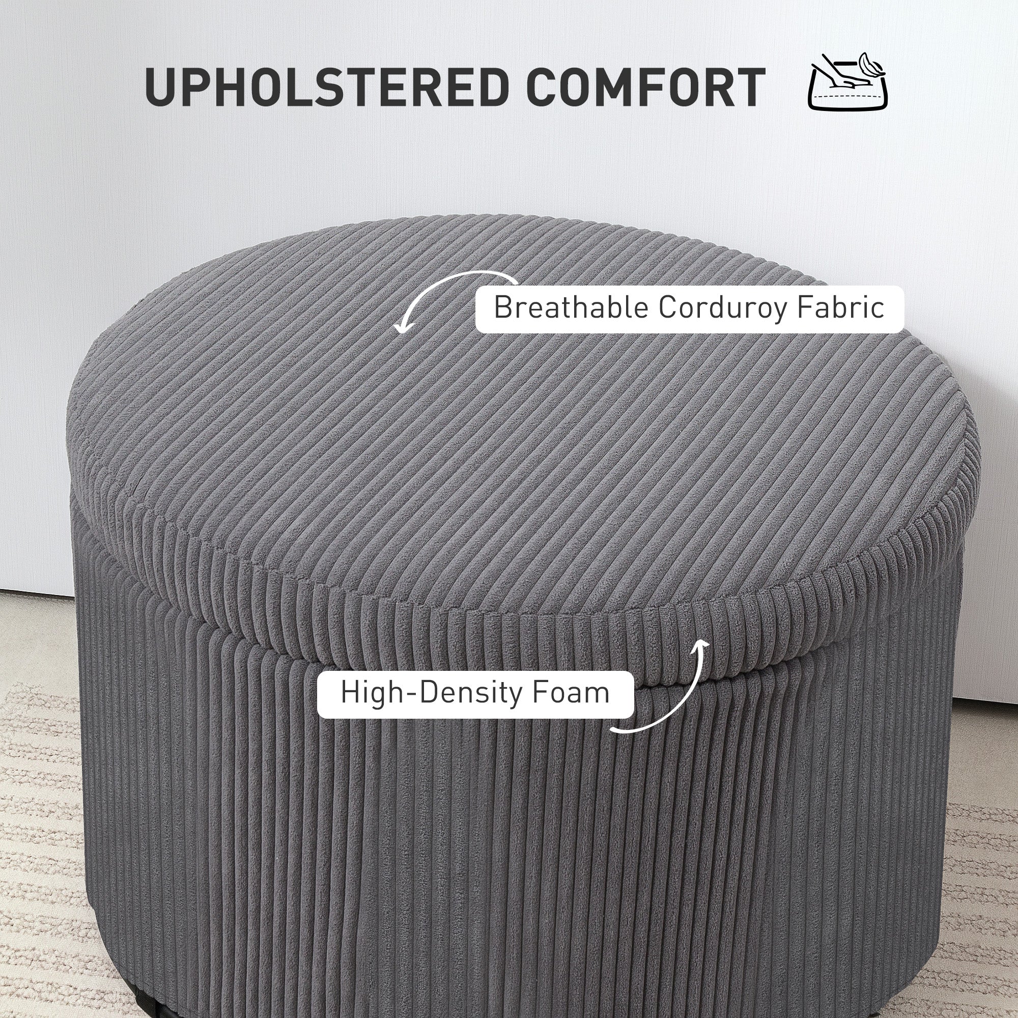 24" Storage Ottoman with Lid, Upholstered Corduroy Foot Rest Stool for Bedroom, Gray - Image 7