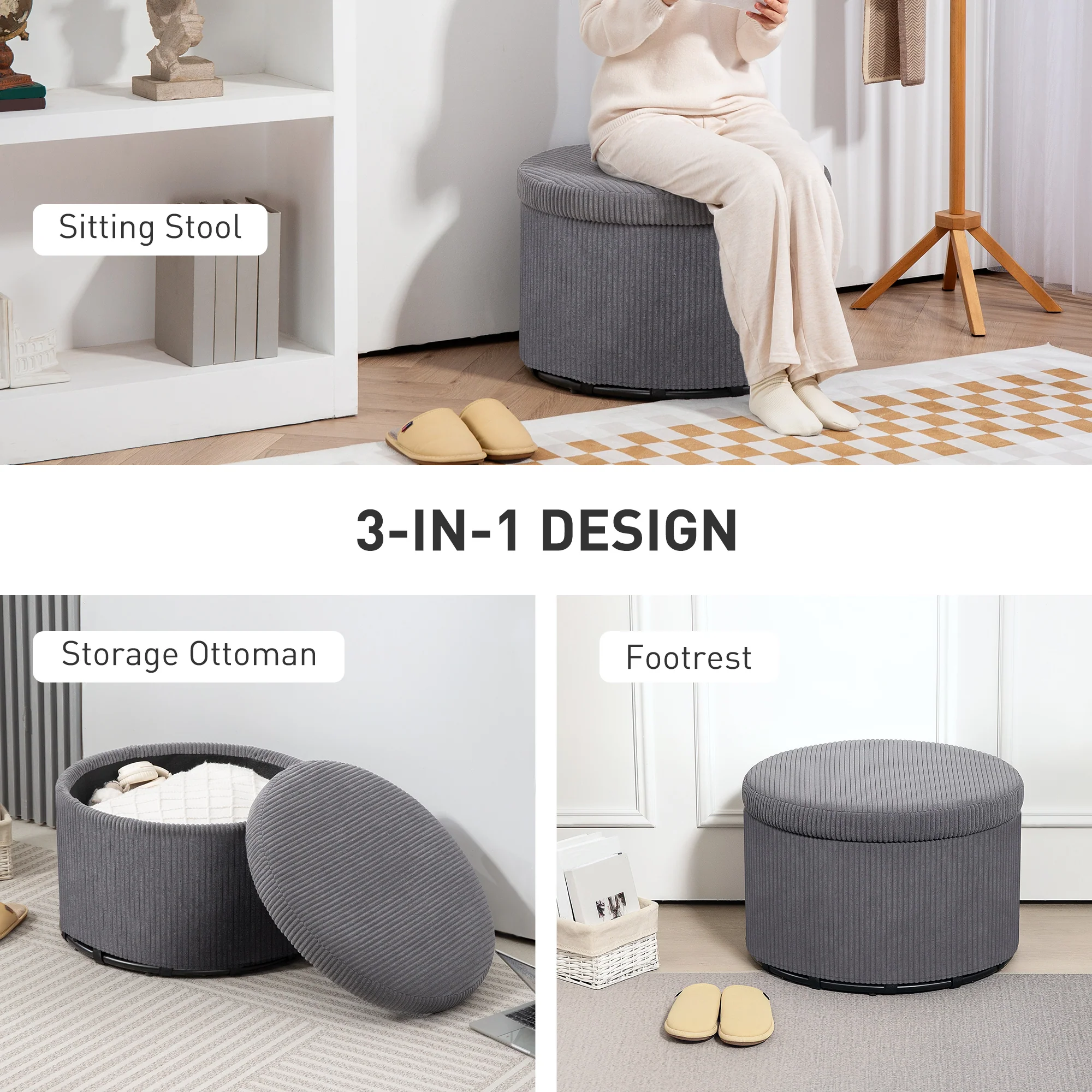 24" Storage Ottoman with Lid, Upholstered Corduroy Foot Rest Stool for Bedroom, Gray - Image 8