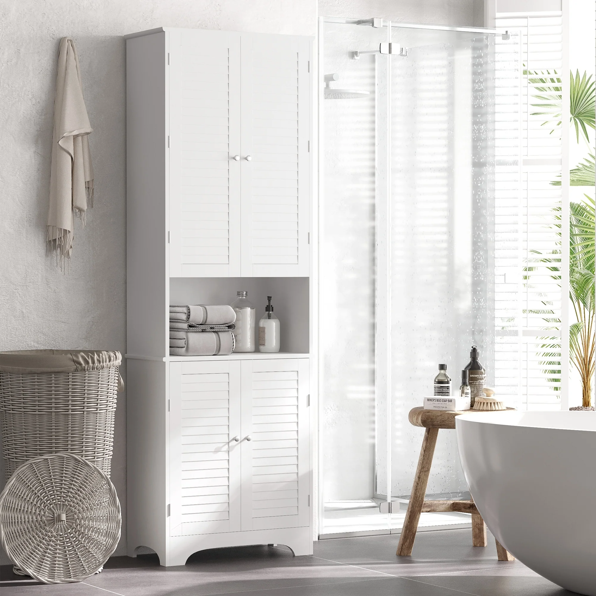 Tall Narrow Bathroom Storage Cabinet w/ Doors & Shelf, Freestanding Linen Cabinet, White - Image 3