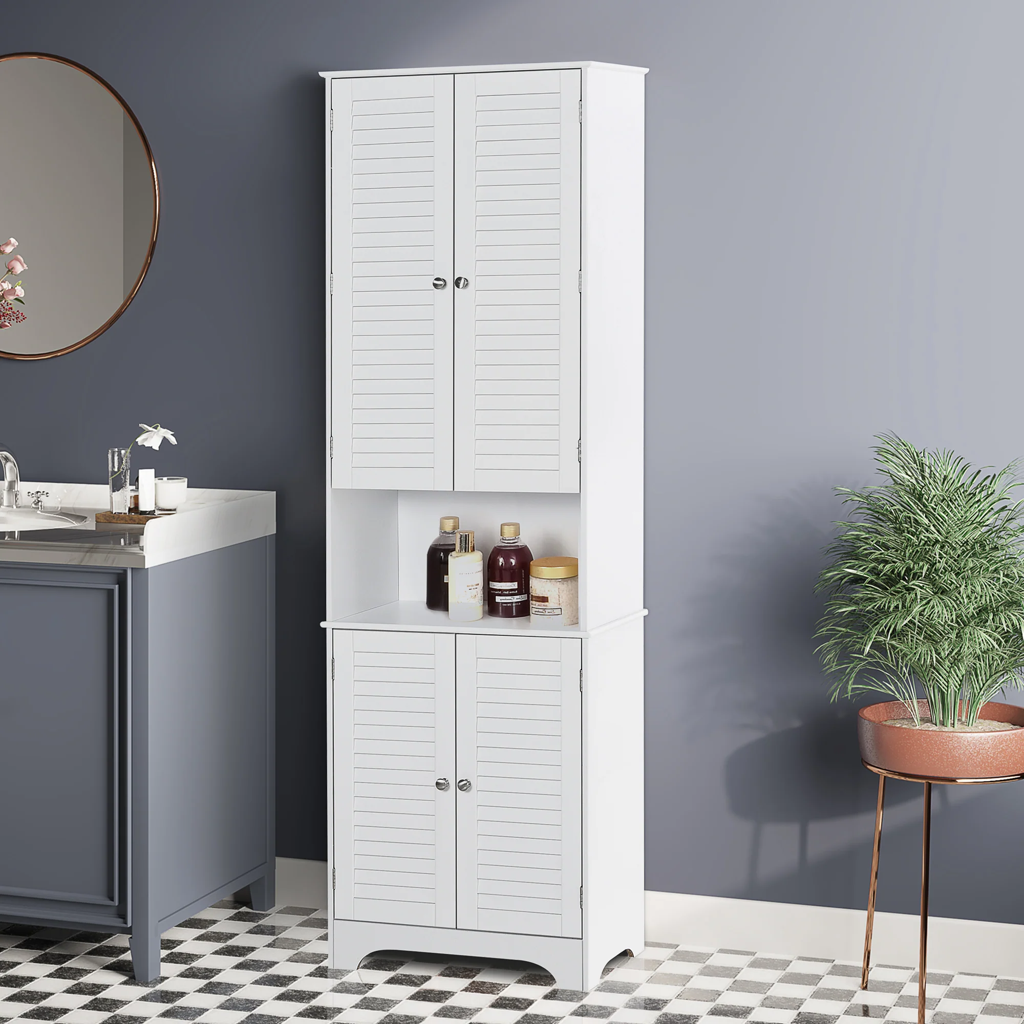 Tall Narrow Bathroom Storage Cabinet w/ Doors & Shelf, Freestanding Linen Cabinet, White - Image 4