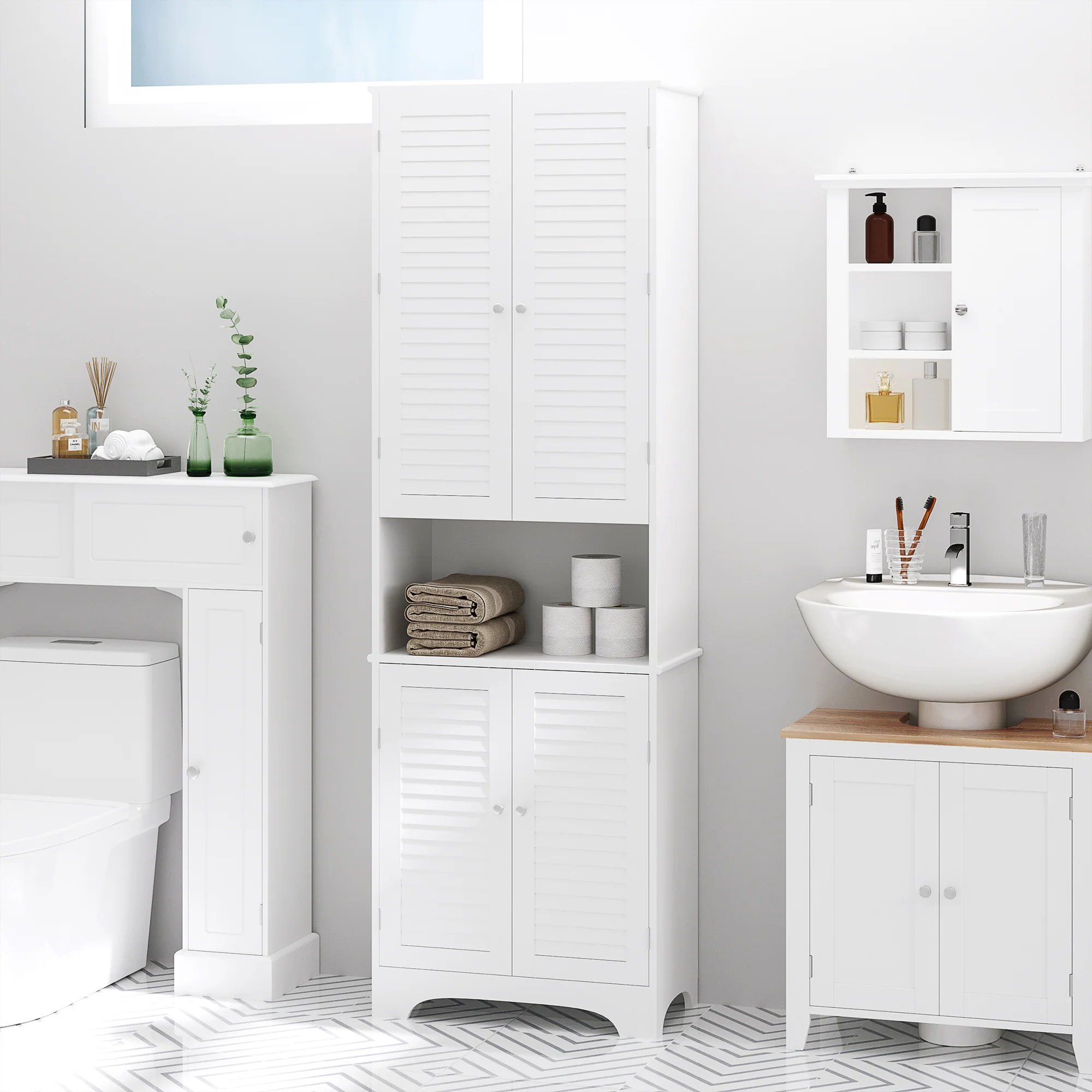 Tall Narrow Bathroom Storage Cabinet w/ Doors & Shelf, Freestanding Linen Cabinet, White - Image 6