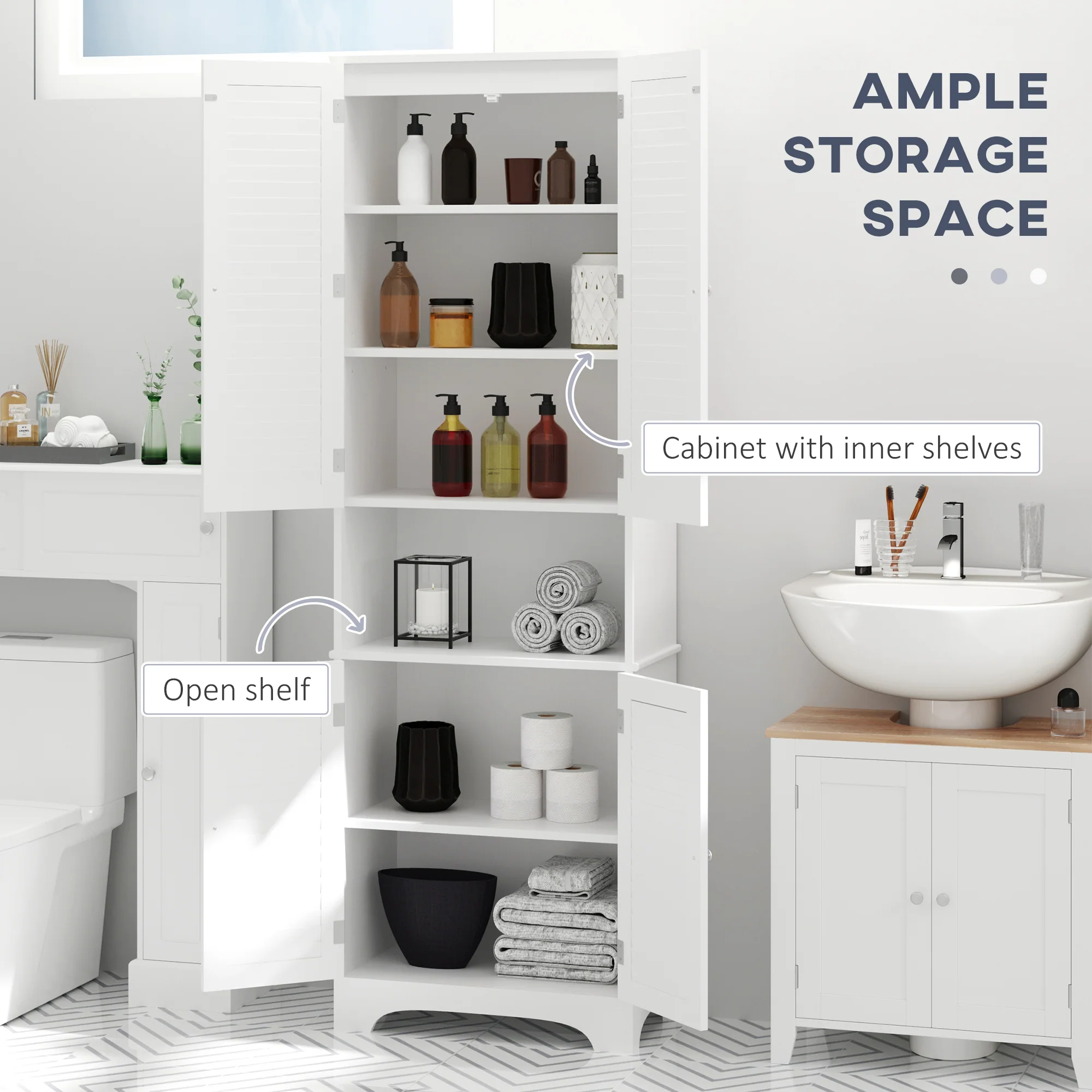 Tall Narrow Bathroom Storage Cabinet w/ Doors & Shelf, Freestanding Linen Cabinet, White - Image 8