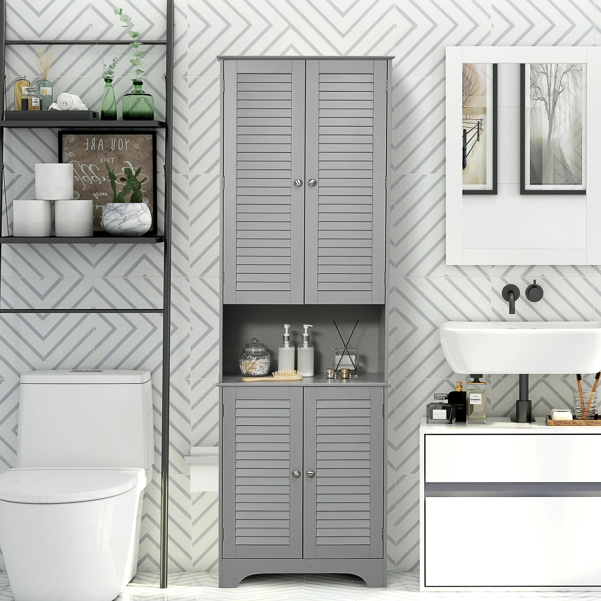 Tall Narrow Bathroom Storage Cabinet with Doors and Shelf Adjustability Gray - Image 3