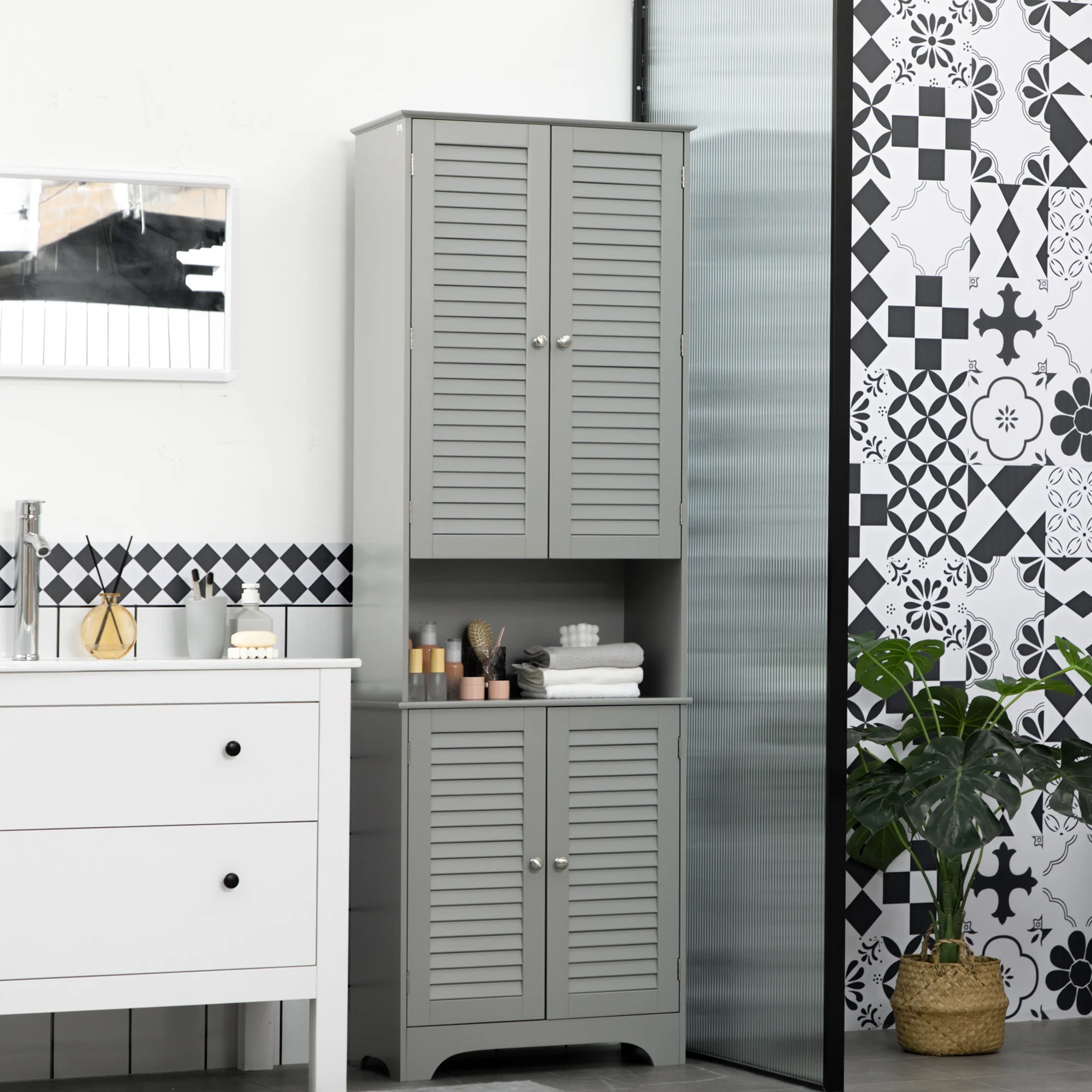 Tall Narrow Bathroom Storage Cabinet with Doors and Shelf Adjustability Gray - Image 4