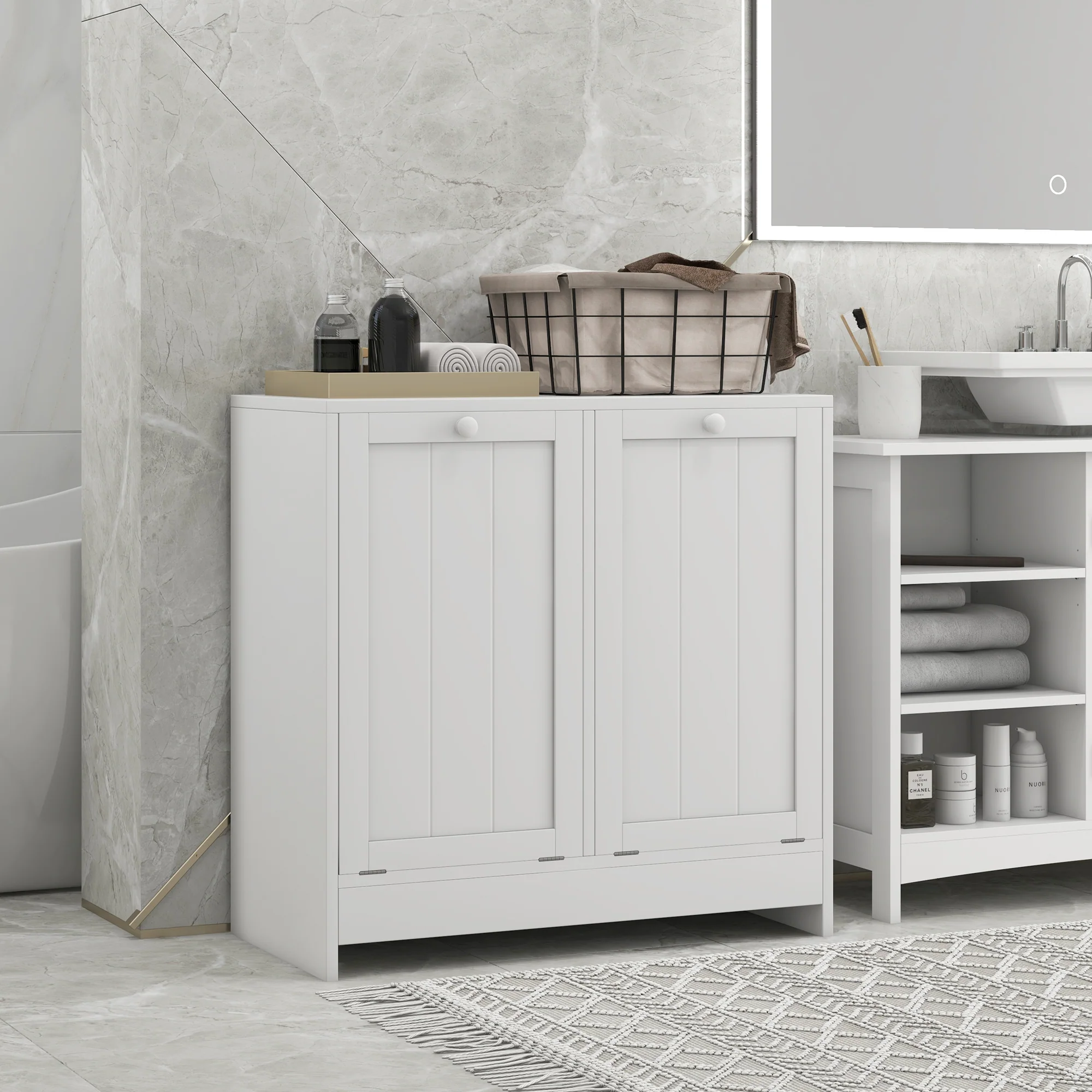Tilt-out Laundry Storage Cabinet with 2 Compartment Hampers, White - Image 3