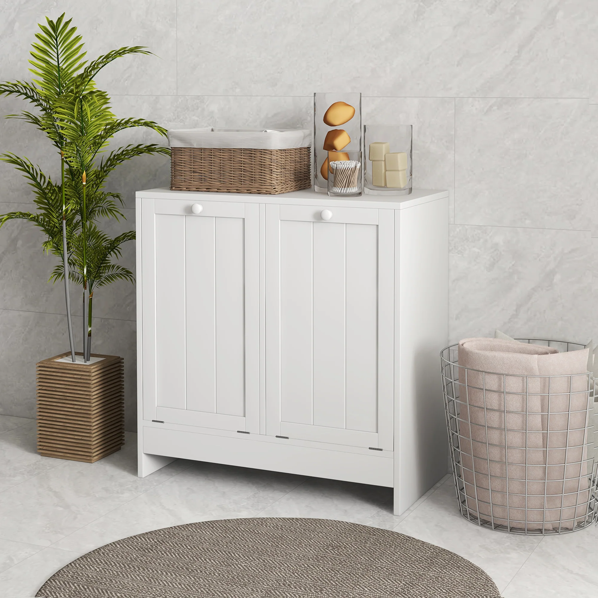 Tilt-out Laundry Storage Cabinet with 2 Compartment Hampers, White - Image 4