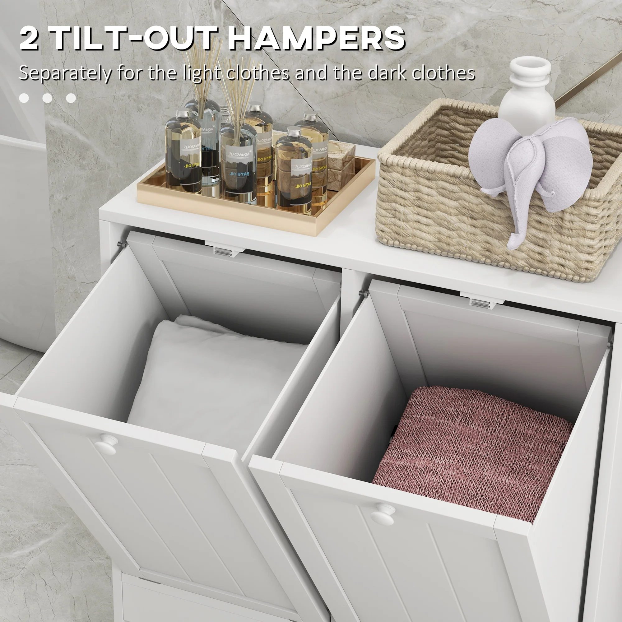 Tilt-out Laundry Storage Cabinet with 2 Compartment Hampers, White - Image 6