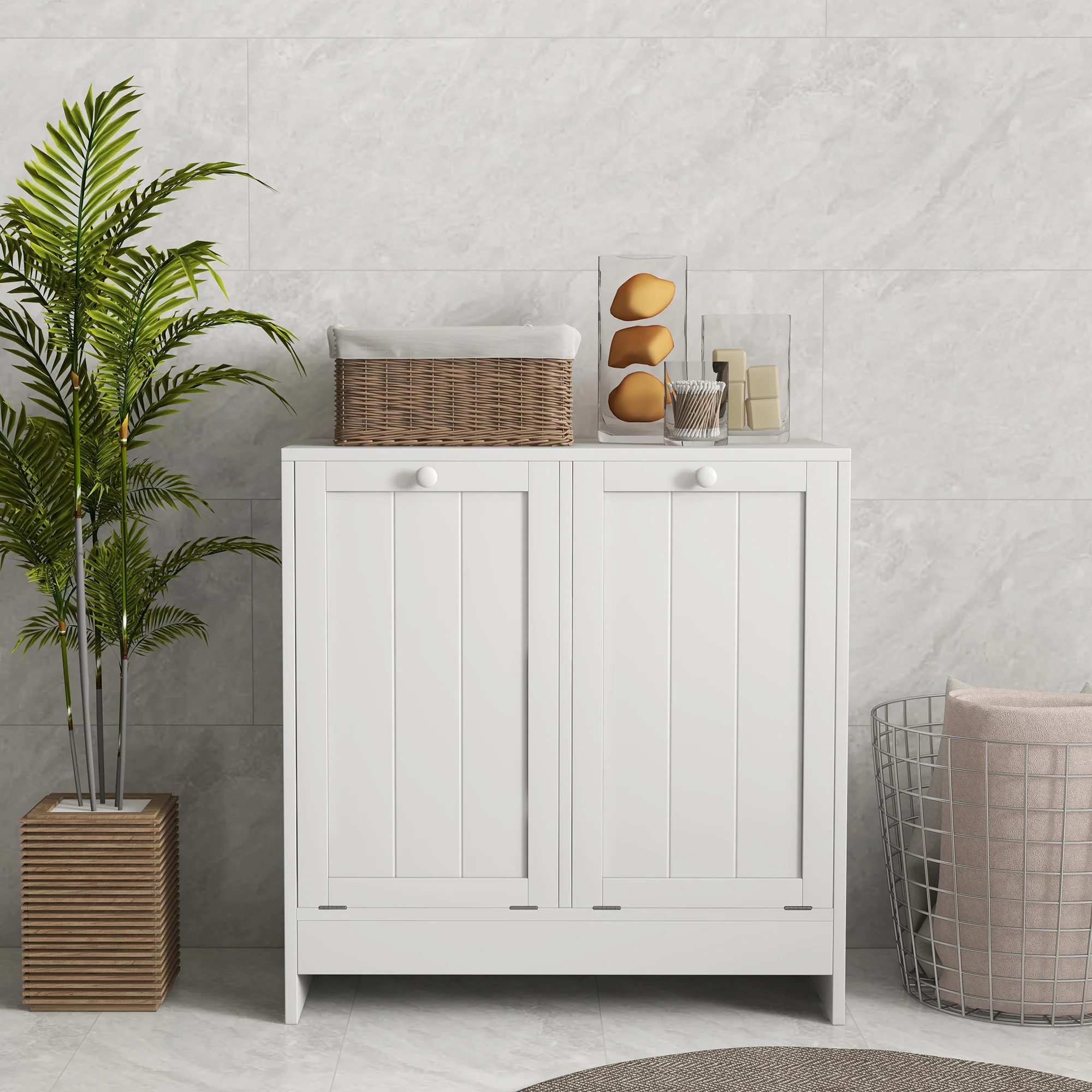 Tilt-out Laundry Storage Cabinet with 2 Compartment Hampers, White - Image 9