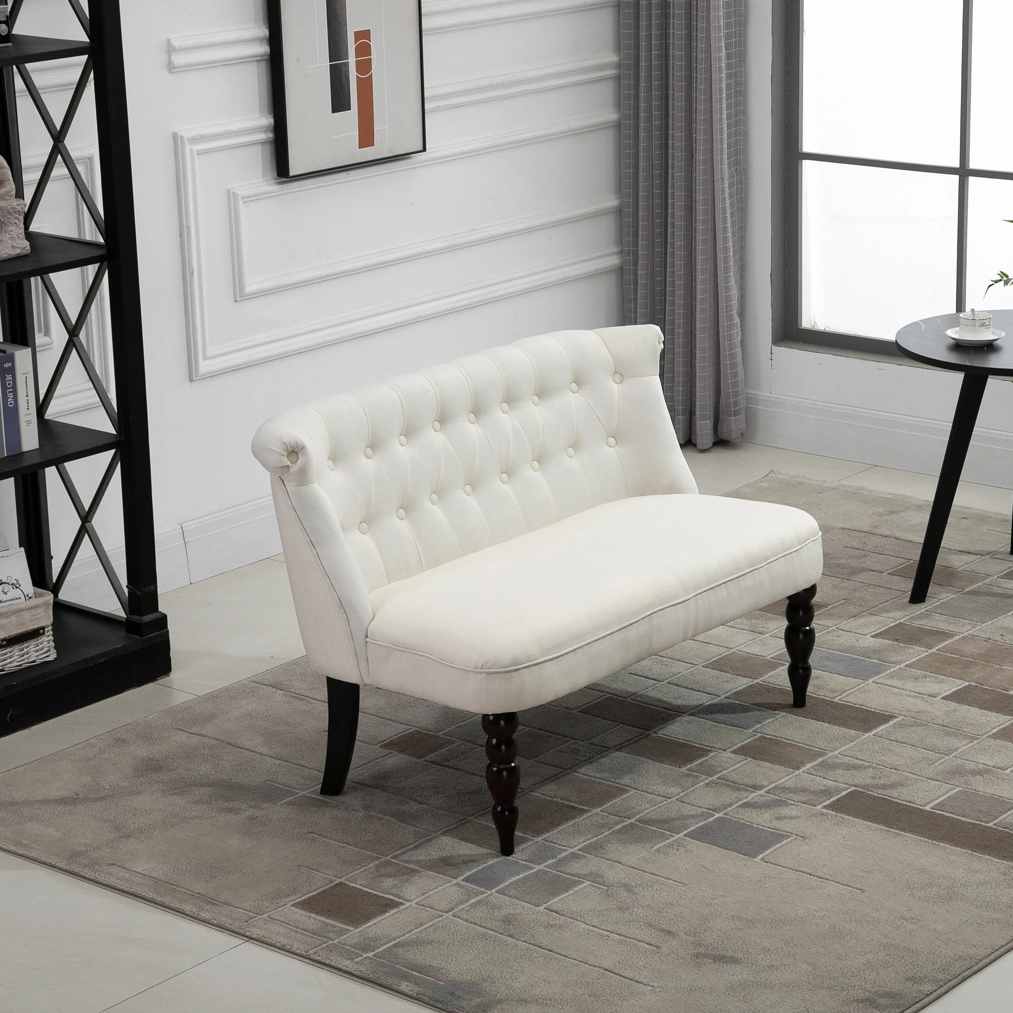 47" W Button Tufted Fabric Loveseat with Wood Legs for Living Room in Cream White - Image 3