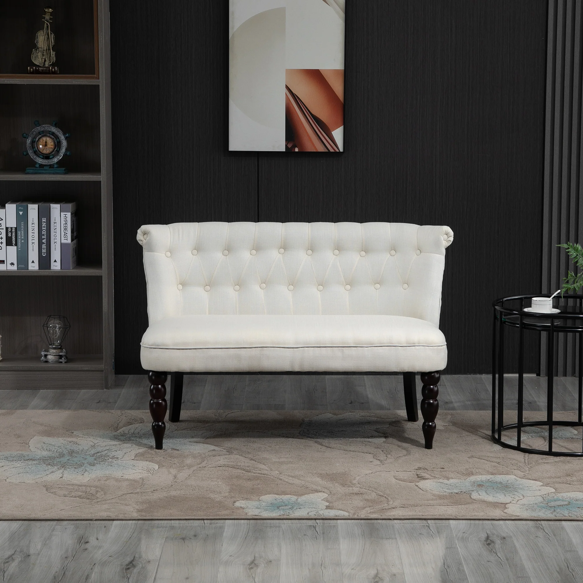 47" W Button Tufted Fabric Loveseat with Wood Legs for Living Room in Cream White - Image 4