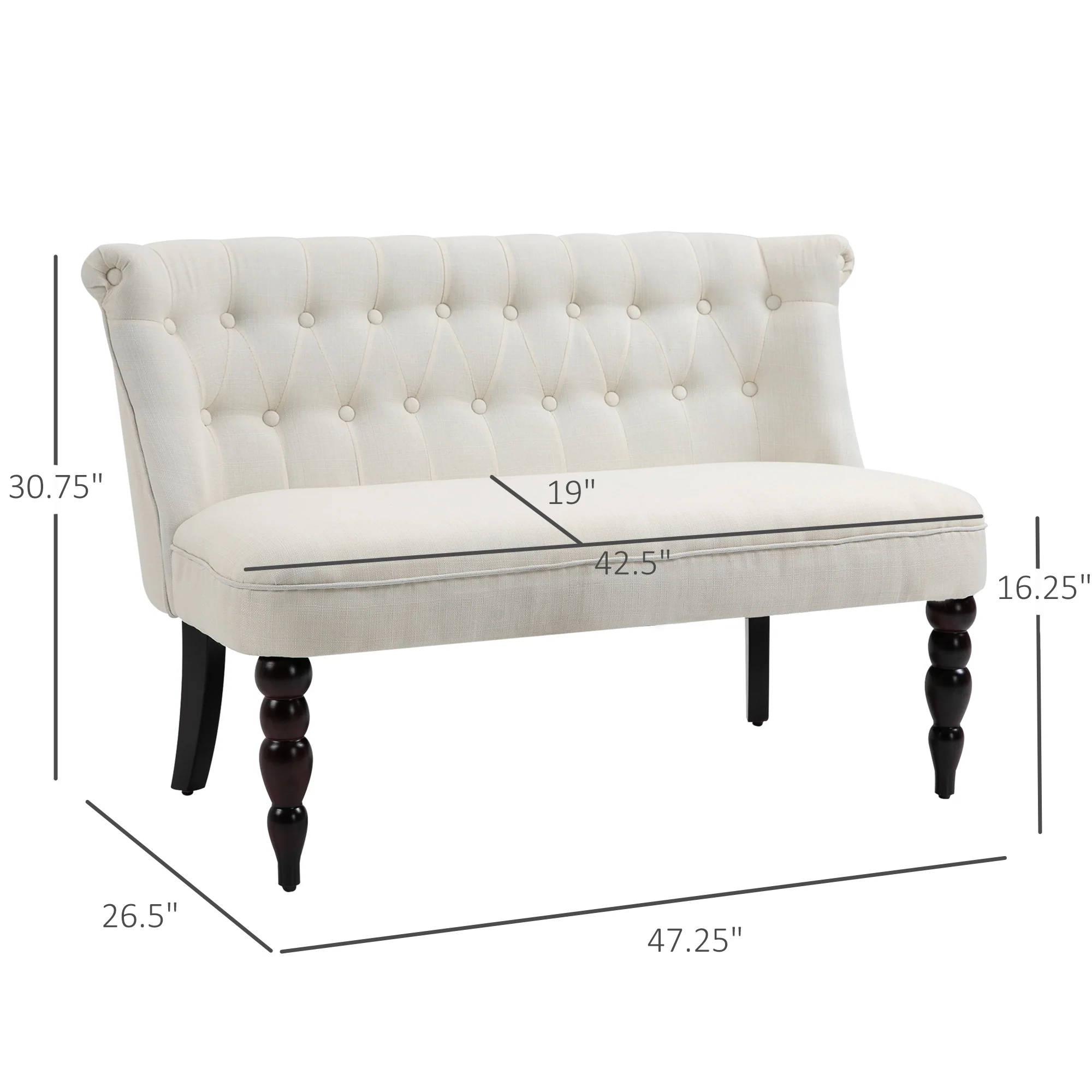 47" W Button Tufted Fabric Loveseat with Wood Legs for Living Room in Cream White - Image 5
