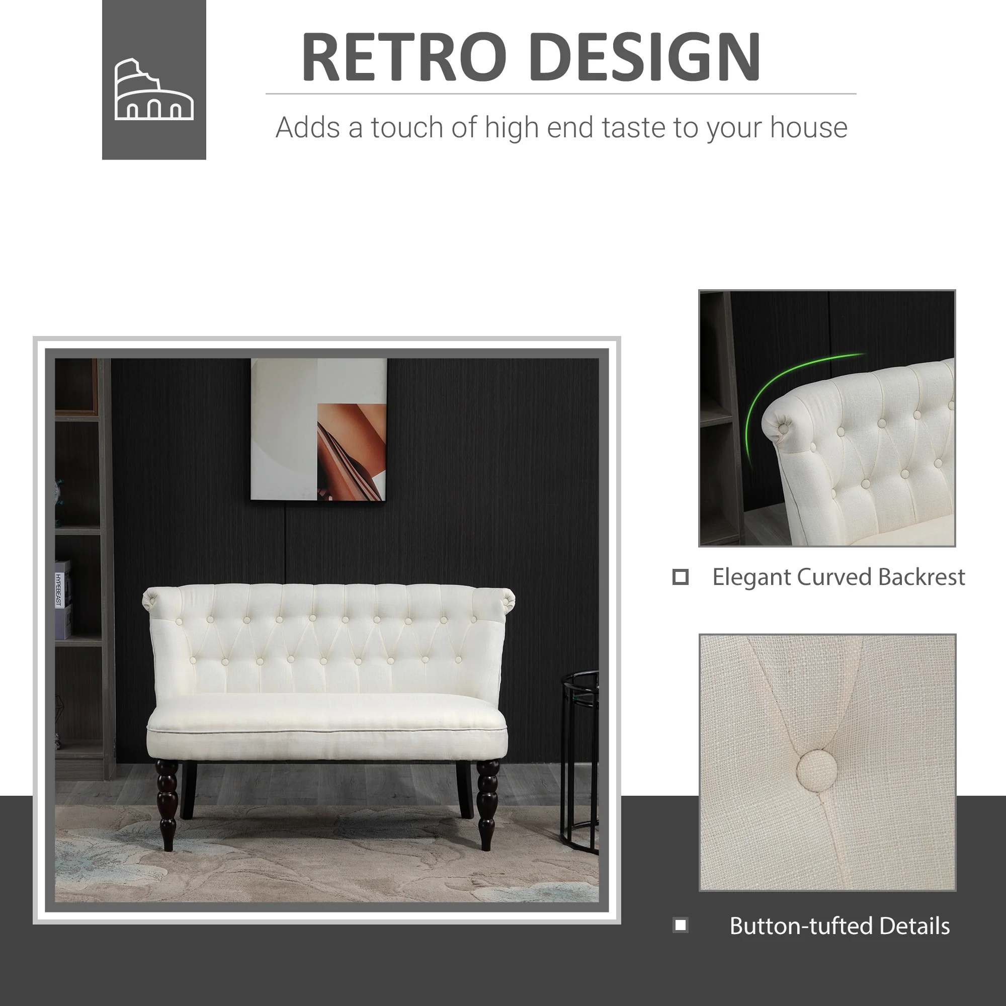 47" W Button Tufted Fabric Loveseat with Wood Legs for Living Room in Cream White - Image 6