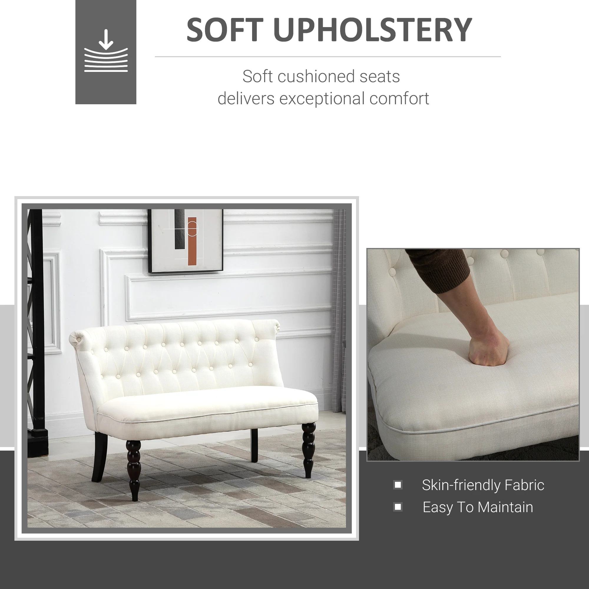 47" W Button Tufted Fabric Loveseat with Wood Legs for Living Room in Cream White - Image 8