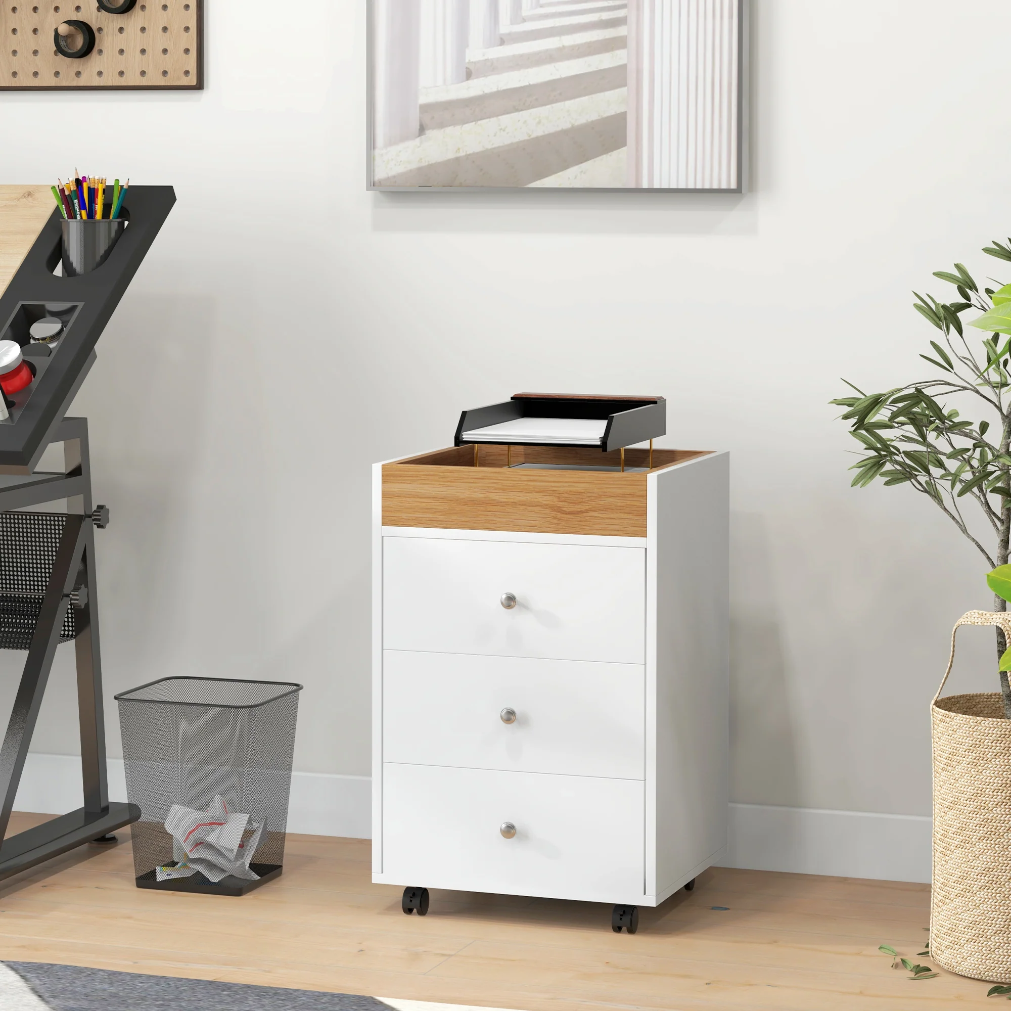 Rolling File Cabinet on Wheels, Mobile Home Office Storage with 3 Drawers, White - Image 3