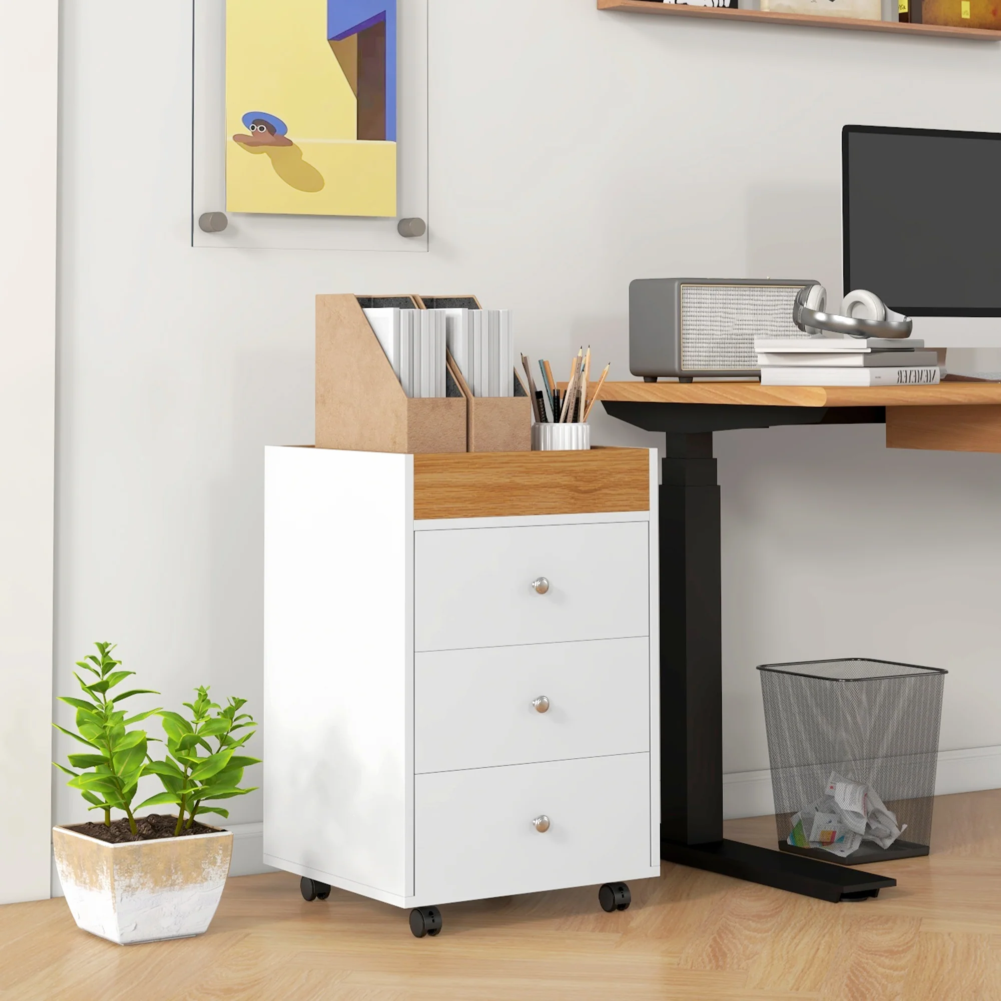 Rolling File Cabinet on Wheels, Mobile Home Office Storage with 3 Drawers, White - Image 4