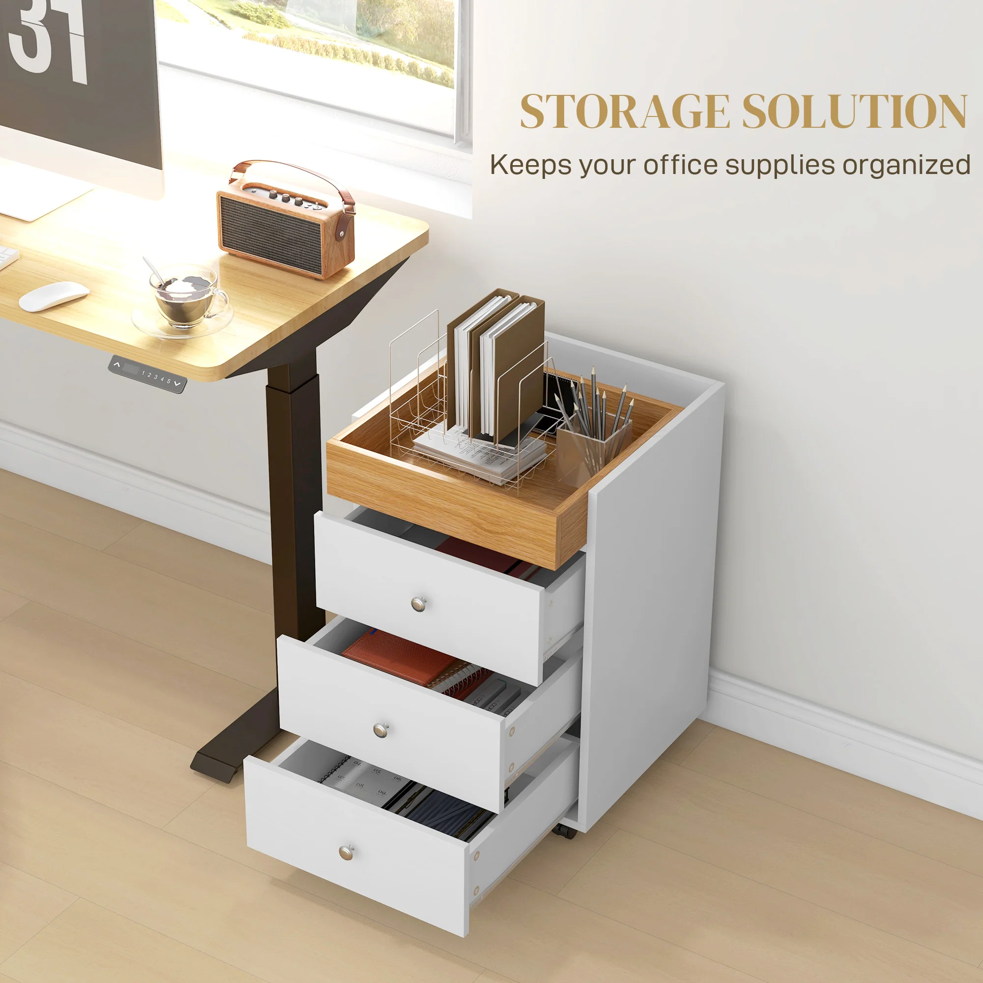 Rolling File Cabinet on Wheels, Mobile Home Office Storage with 3 Drawers, White - Image 6