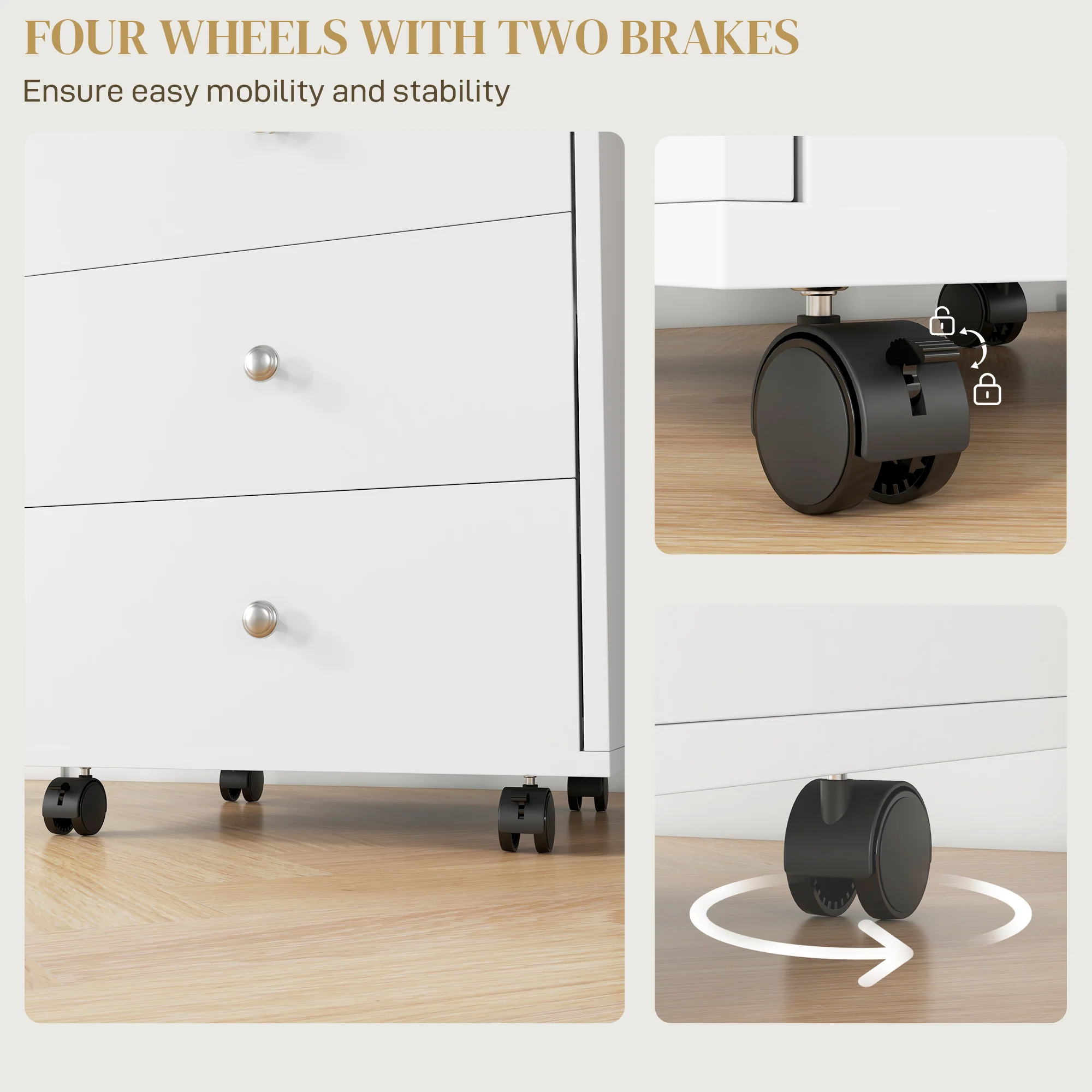 Rolling File Cabinet on Wheels, Mobile Home Office Storage with 3 Drawers, White - Image 7