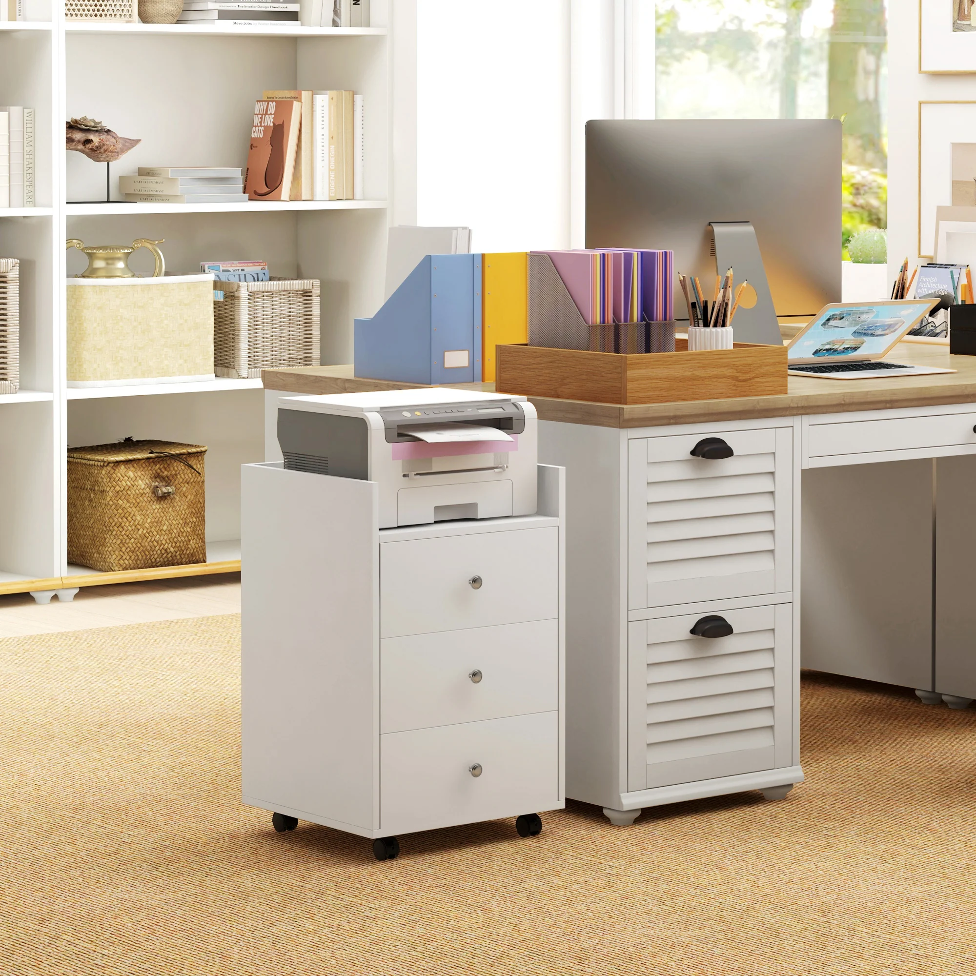 Rolling File Cabinet on Wheels, Mobile Home Office Storage with 3 Drawers, White - Image 9
