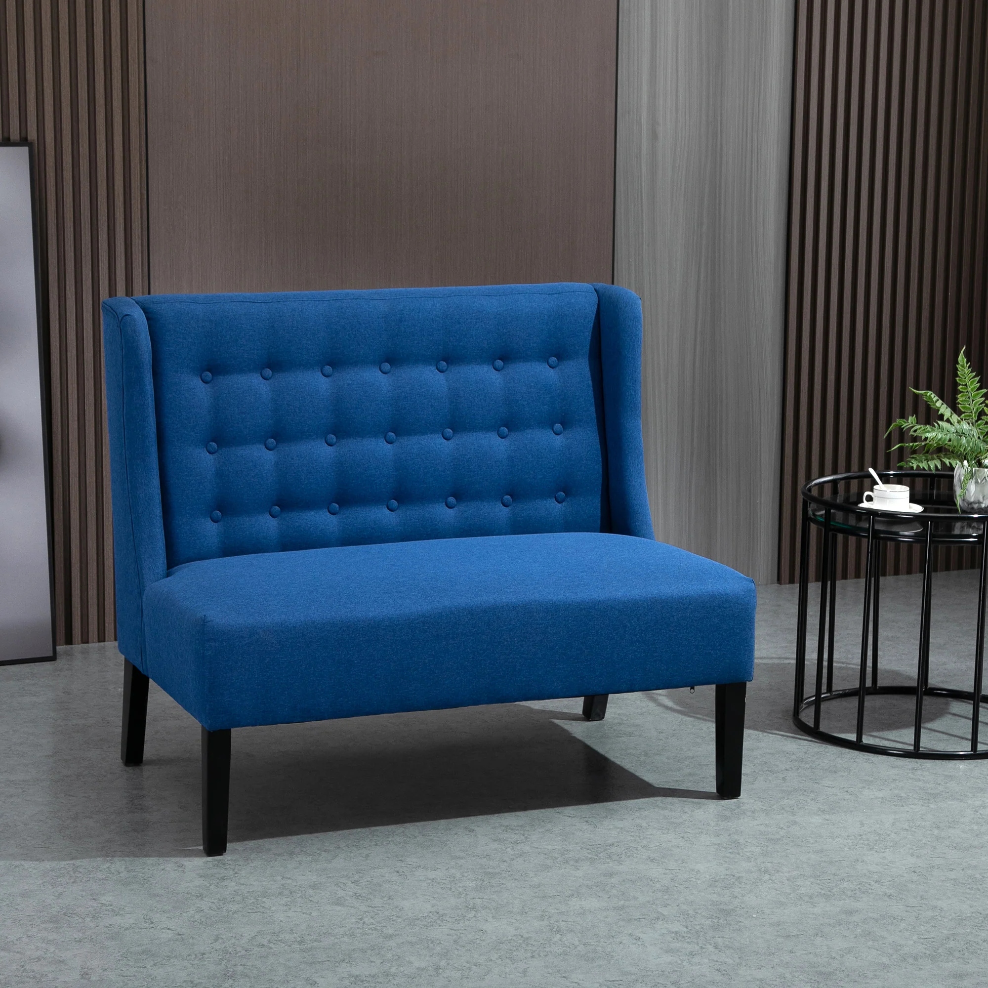 Wingback Double Sofa, Linen Upholstered Wingback Loveseat with Tufted Detail and Wood Legs, Blue - Image 3
