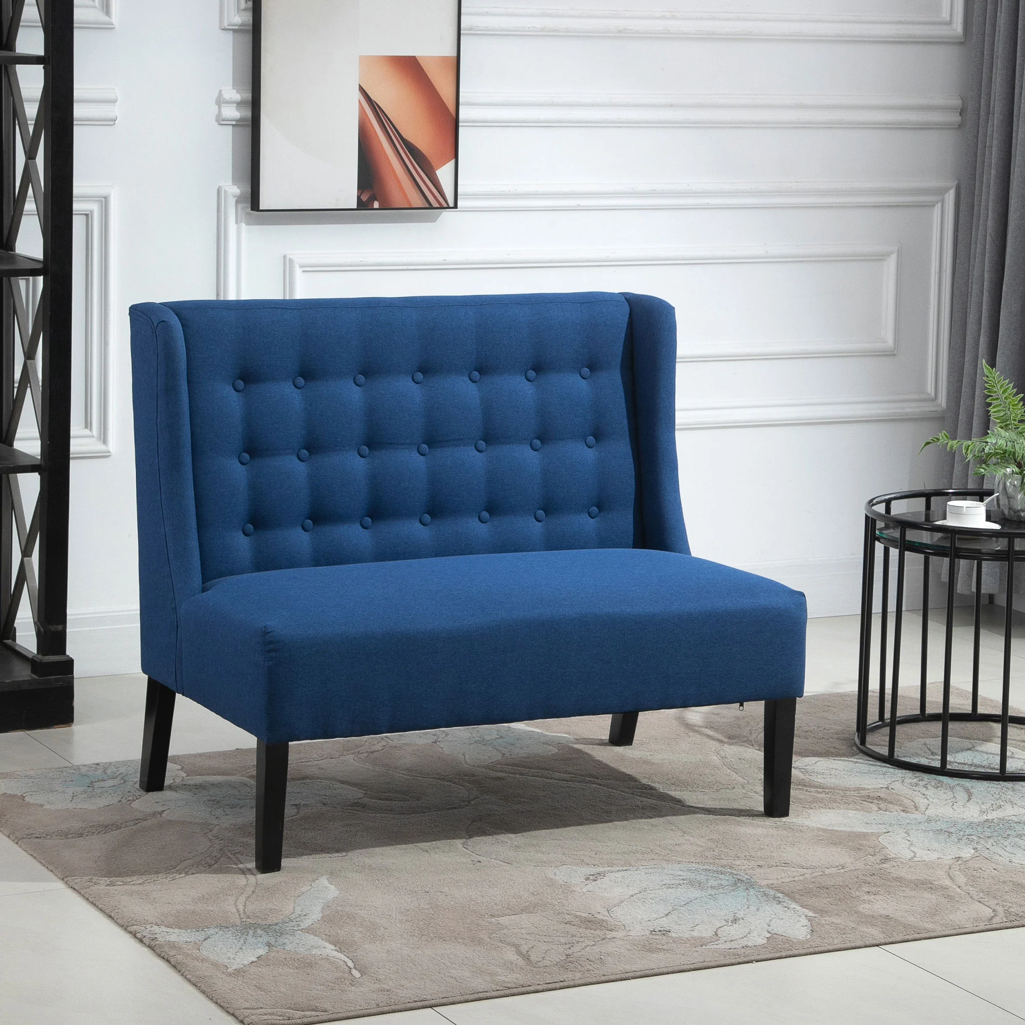 Wingback Double Sofa, Linen Upholstered Wingback Loveseat with Tufted Detail and Wood Legs, Blue - Image 4
