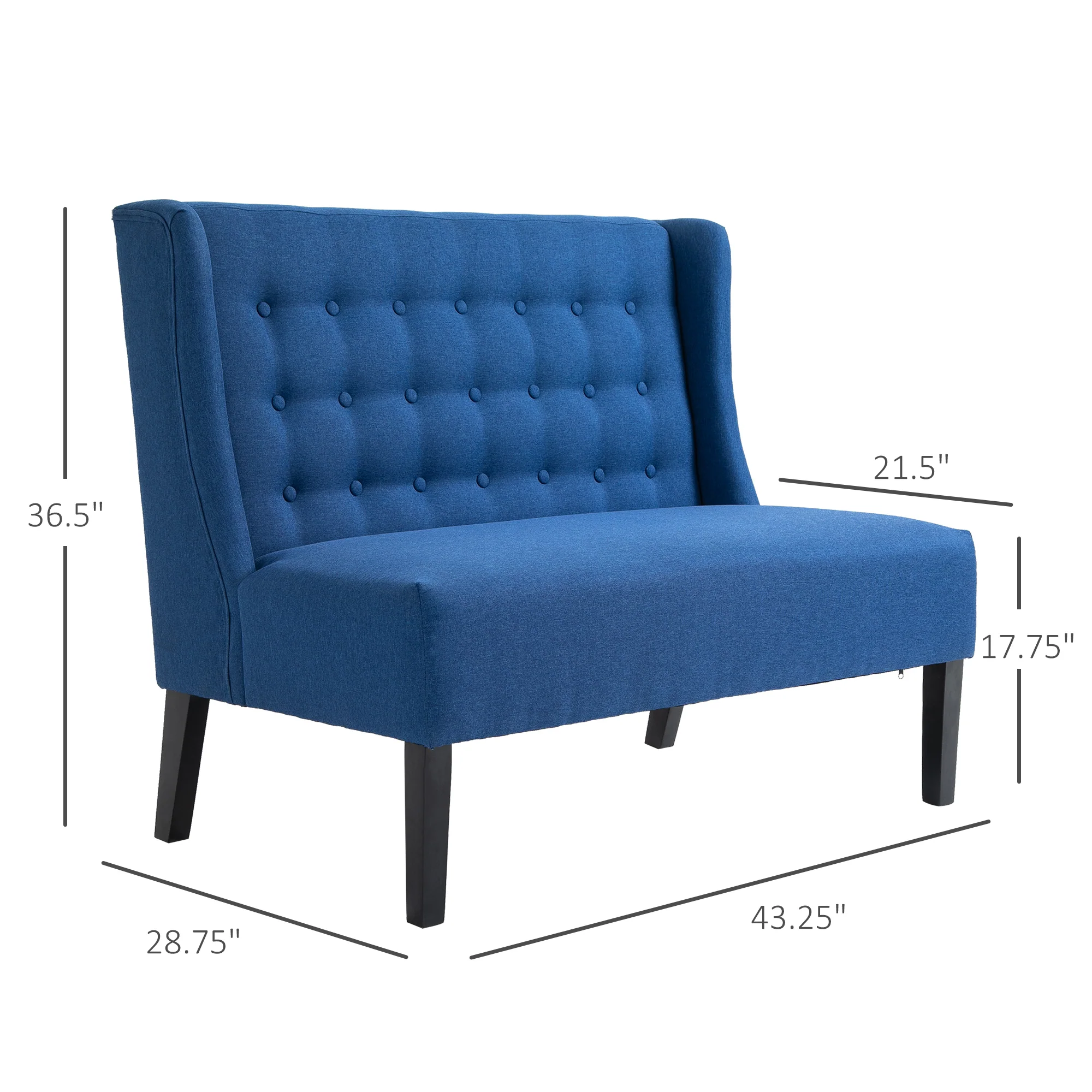 Wingback Double Sofa, Linen Upholstered Wingback Loveseat with Tufted Detail and Wood Legs, Blue - Image 5