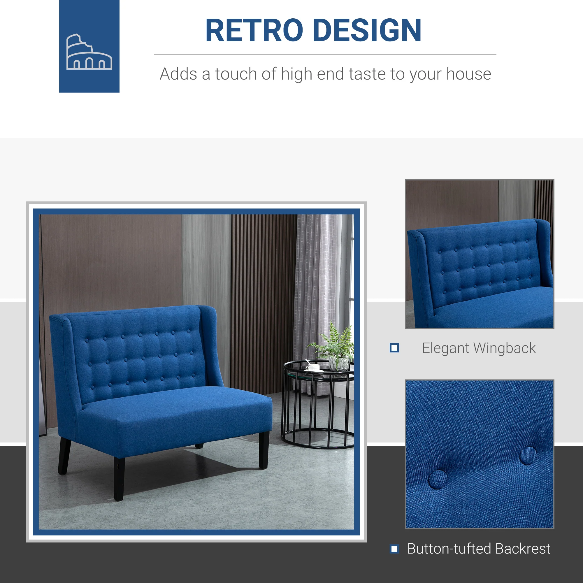 Wingback Double Sofa, Linen Upholstered Wingback Loveseat with Tufted Detail and Wood Legs, Blue - Image 6