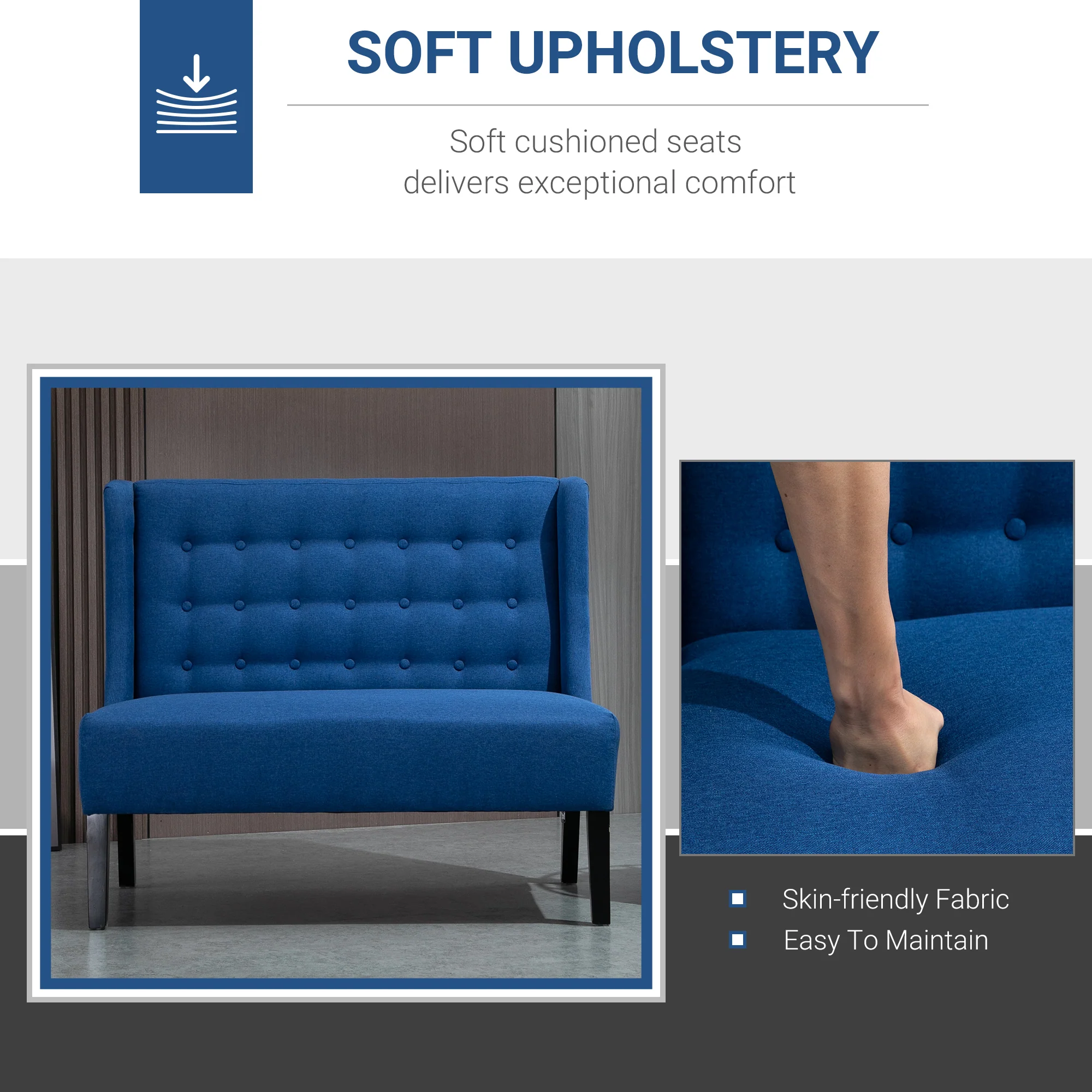 Wingback Double Sofa, Linen Upholstered Wingback Loveseat with Tufted Detail and Wood Legs, Blue - Image 7
